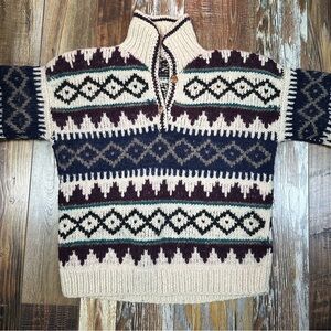 Mens Peruvian Thick Wool Geometric Patterned Sweater Medium Blue Gray Cream